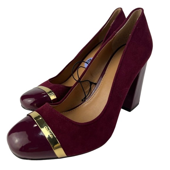 Calvin Klein Carlia Womens Sz 8.5 Burgundy Gold Block Heels Suede Patent Cap Toe - Picture 1 of 8